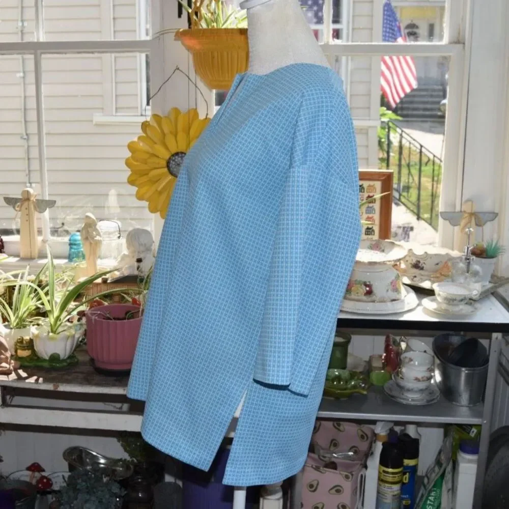 Vintage 1970s Blue Geometric Tunic Top Handmade Mod Blouse Plus Size XL